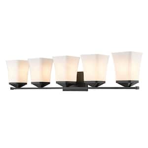 Darcy 38 in. 5-Light Matte Black Vanity-Light with Etched Opal Glass Shades