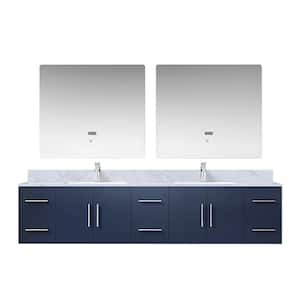 Geneva 84 in. W x 22 in. D Navy Blue Double Bath Vanity, Carrara Marble Top, Faucet Set and 36 in. LED Mirrors