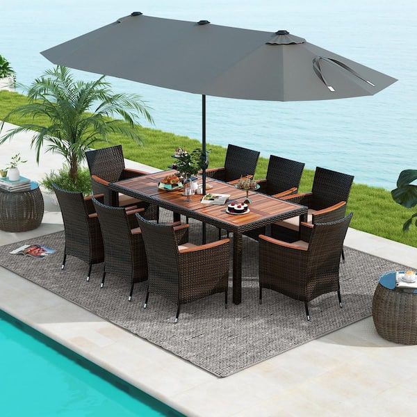 9-Piece Wicker and Wood Outdoor Dining Set with Beige Cushions and 15 ft. Double-Sided Twin Gray Umbrella