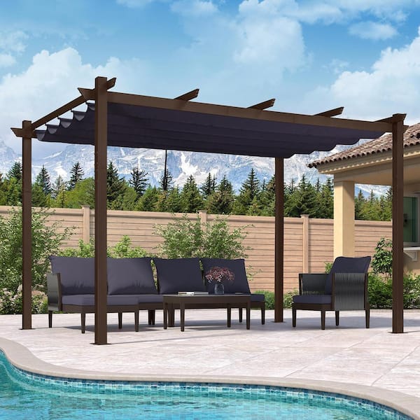 PURPLE LEAF 10 ft. W x 13 ft. D Outdoor Bronze Aluminum Pergola with Navy Blue Adjustable UV Resistant Sun Shelter Canopy for Garden