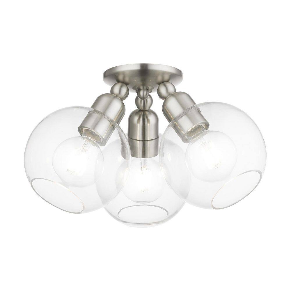 Brushed Nickel 3-Light Semi-Flush Mount with Clear Glass Shades