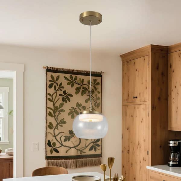 1-Light Gold Dimmable Integrated LED Pendant Light with Clear Glass Shade for Living Room Dining Room Kitchen Bedroom