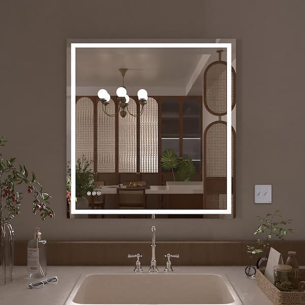 tydex Althea 36 in. W x 36 in. H Rectangular Frameless LED Anti-Fog Wall Bathroom Vanity Mirror in Polished Crystal