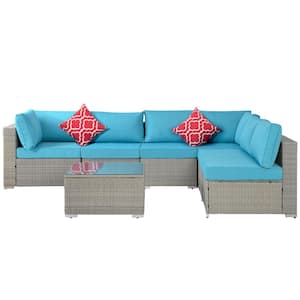7-Piece Wicker Outdoor Sectional Sofa with Blue Cushions