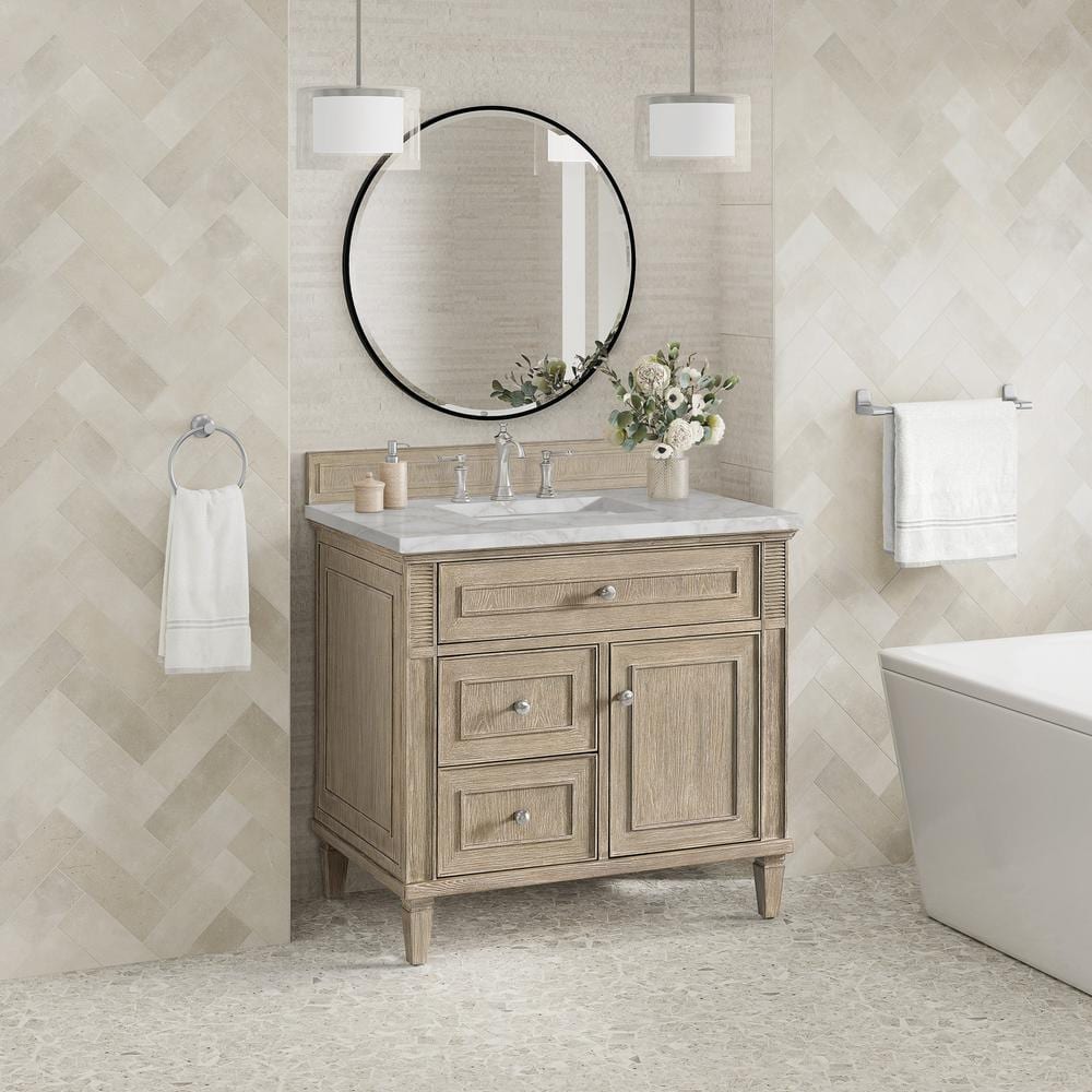Lorelai 36" Whitewashed Oak Single Vanity with Victorian Silver Quartz Top