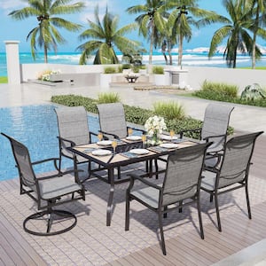 7-Piece Metal Padded Sling Patio Outdoor Dining Set with Rectangular Faux-Wood Table and Swivel Dining Texitilene Chairs