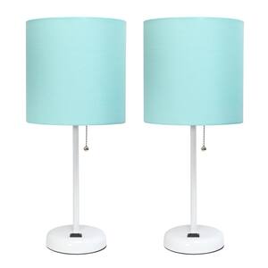 19.5 in. White Stick Lamp with Charging Outlet and Fabric Shade Aqua (2-Pack)