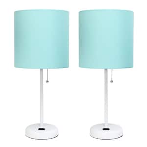 19.5 in. White Stick Lamp with Charging Outlet and Fabric Shade Aqua (2-Pack)
