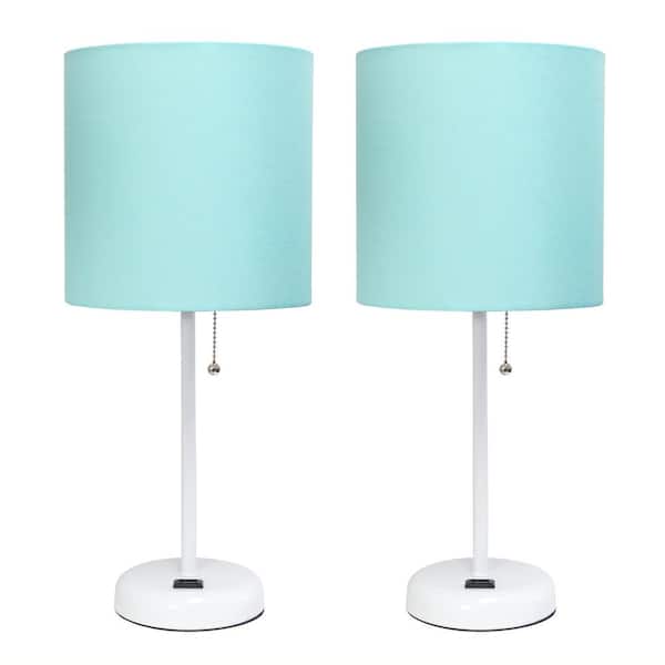 Simple Designs 19.5 in. White Stick Lamp with Charging Outlet and Fabric Shade Aqua (2-Pack)