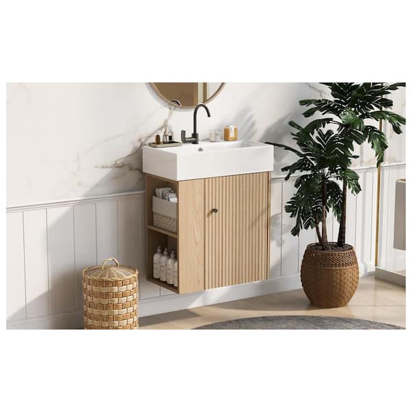 21.6 in Single Sink Floating Natural Oak Bath Vanity with White Ceramic Top