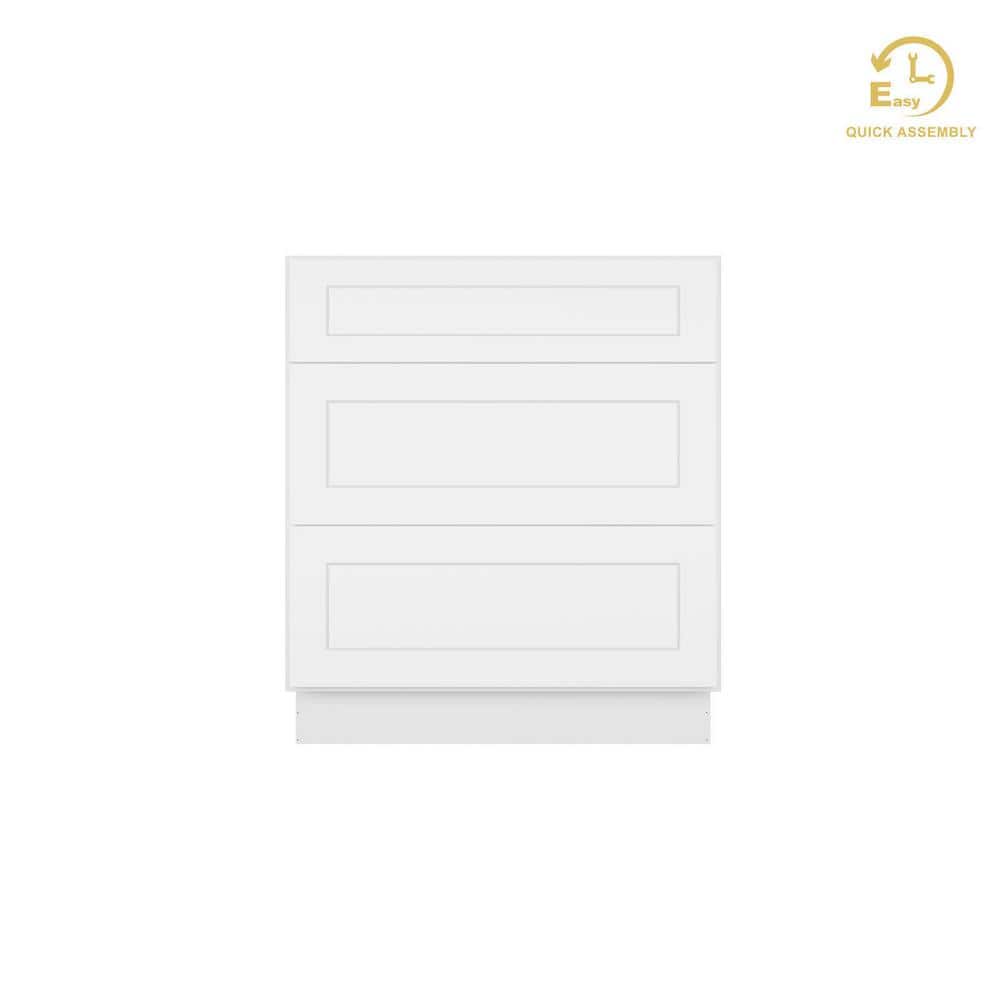 Shaker White Solid Wood 3-Drawer Base Kitchen Cabinet