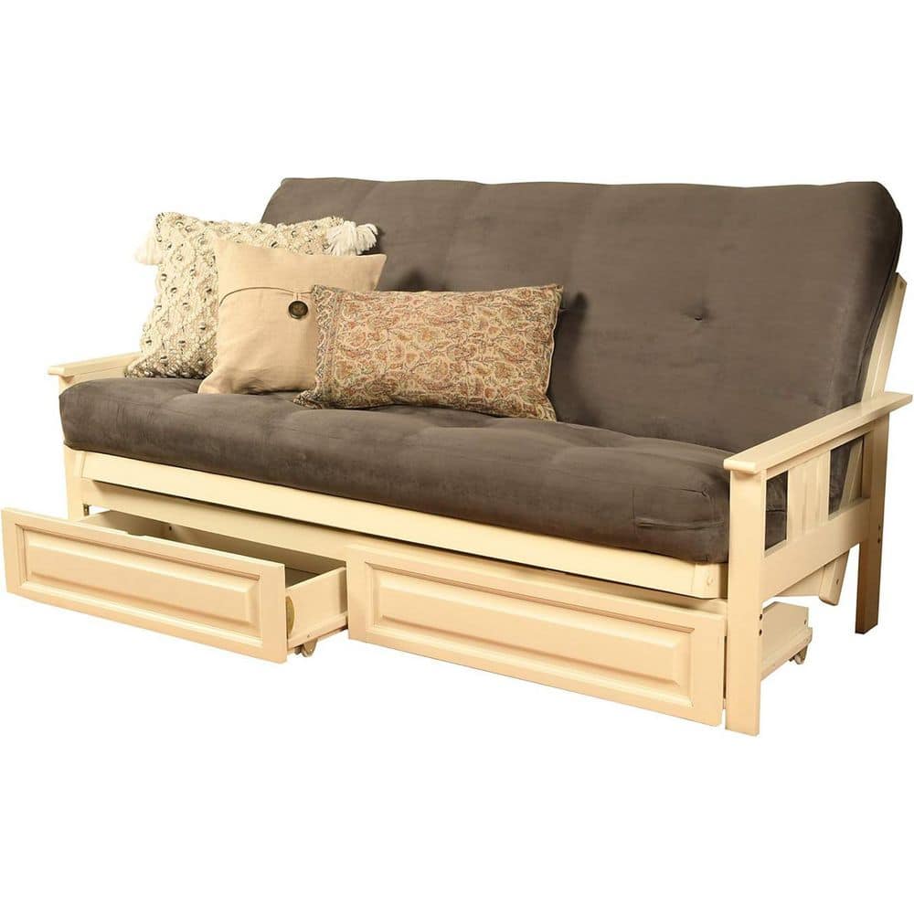 79 in. Antique White/Suede Gray Polyester Upholstered Full Size Futon Set with Mattress and Storage Drawers