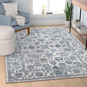 Avebury Alexis Ivory/Light Blue Vintage Oriental Floral High-Low 5 ft. 3 in. x 7 ft. 3 in. Area Rug