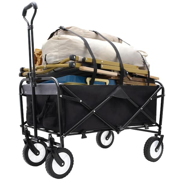 Black Foldable Wagon Cart Utility Garden Cart with Strapping System Supports 360lbs