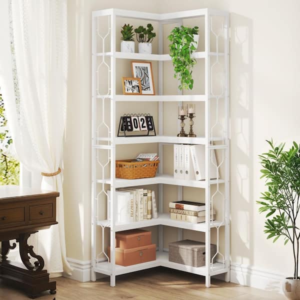 79 in. Tall White Wood 7-Shelf Standard Bookcase with Interior Shelves, Storage, Corner Etagere Bookcase Living Room
