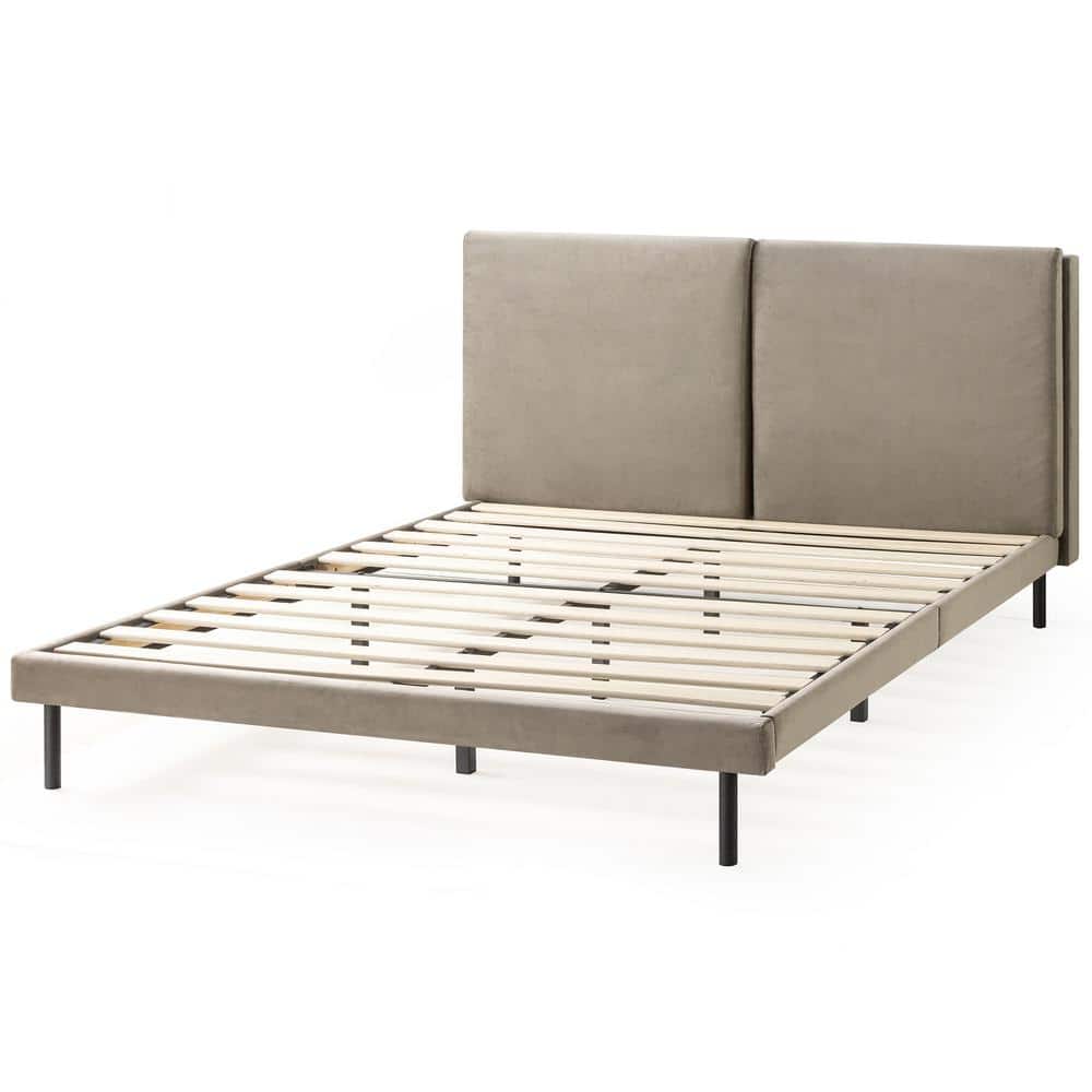 Zinus Taylor Latte Velvet Upholstered Queen Bed Frame with Split