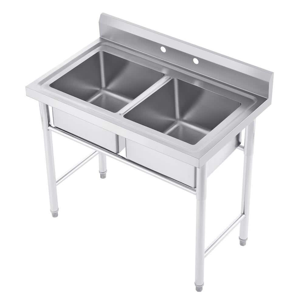 Wilprep 39 in. Basins Freestanding Stainless Steel 2-Compartment Commercial  Kitchen Sink SKS-36SC-08-BNHD-1 - The Home Depot