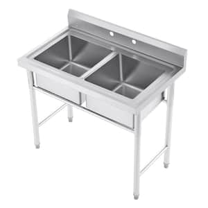 39 in. Basins Freestanding Stainless Steel 2-Compartment Commercial Kitchen Sink