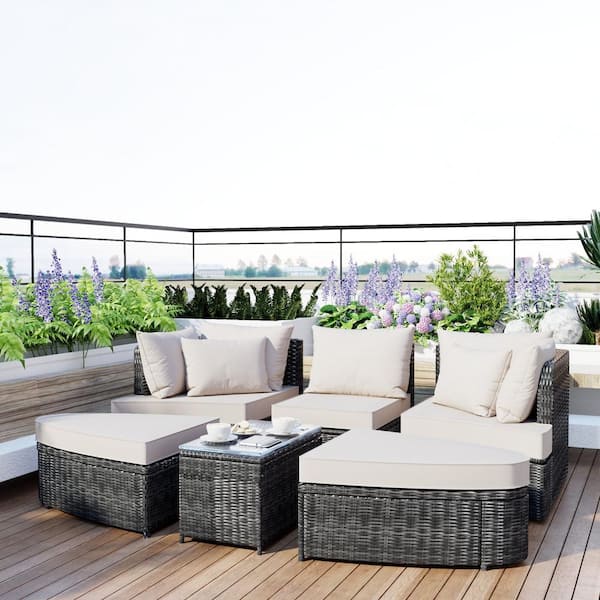 Runesay Beige 6-Piece Wicker Patio Conversation Set with Brown Cushions PE wicker Rattan Seating Group Outdoor Round Sofa