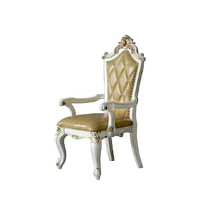 Picardy Butterscotch Synthetic Leather and Antique Pearl Finish Armchair Set of 2 with Tufted Cushions and Nailhead Trim