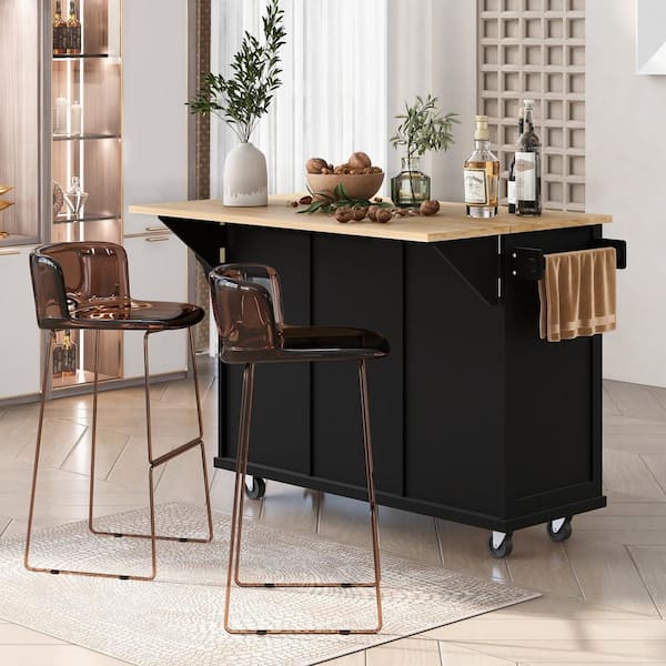 Black Wood 53.1 in. Kitchen Island on 5-Wheels with Storage Cabinet An