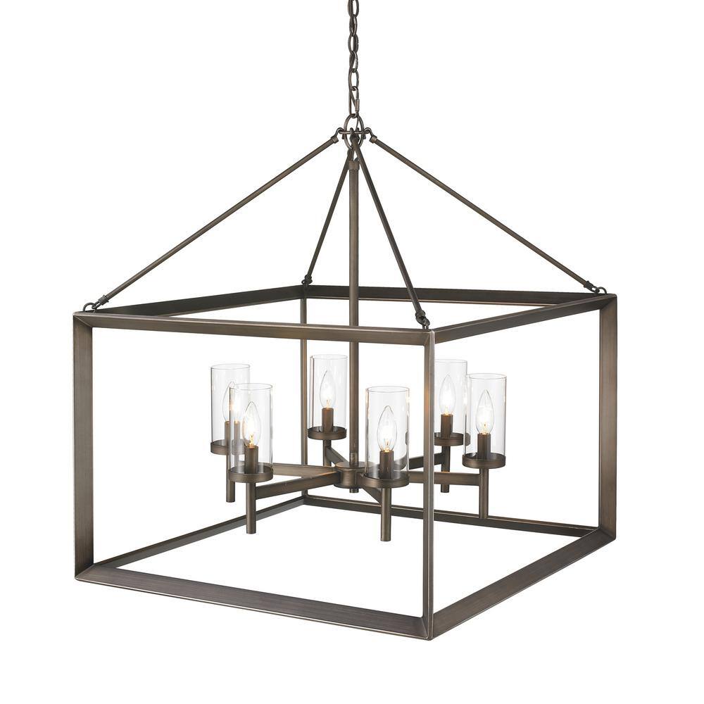 Contemporary Beveled Cage 6-Light Bronze Chandelier with Clear Glass