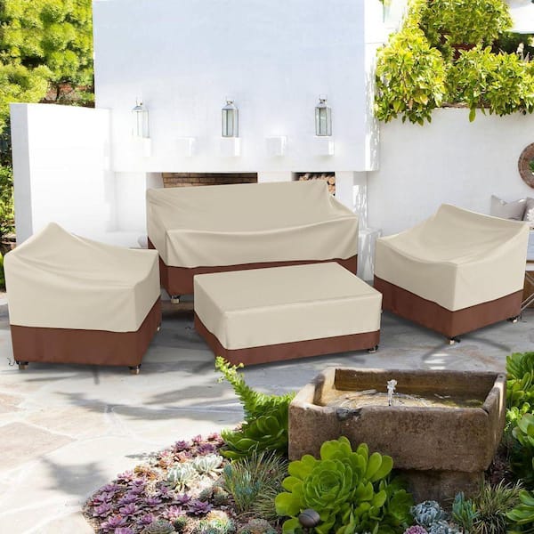 4-Piece Outdoor Furniture Cover Waterproof for Patio Loveseat Chair and Coffee Table 600D Heavy Duty Beige