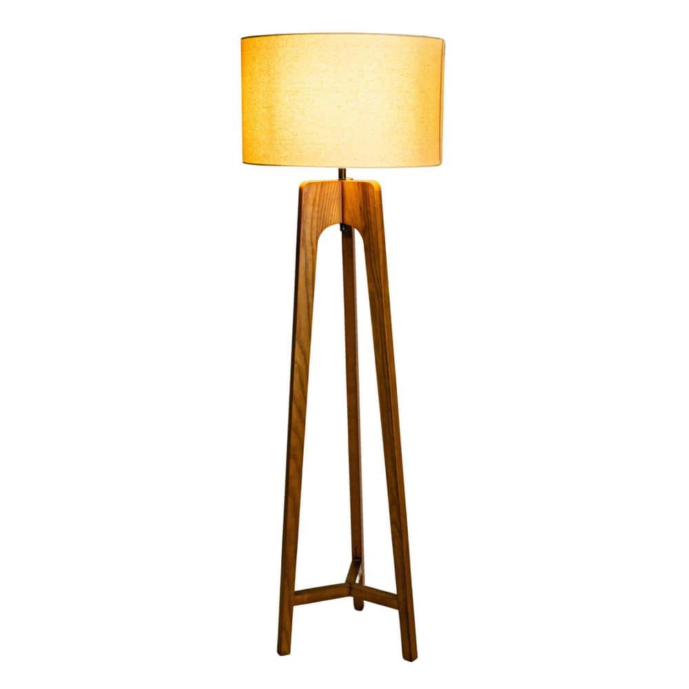 63" Walnut Finish Rubberwood Tripod Floor Lamp with Natural Linen Shade
