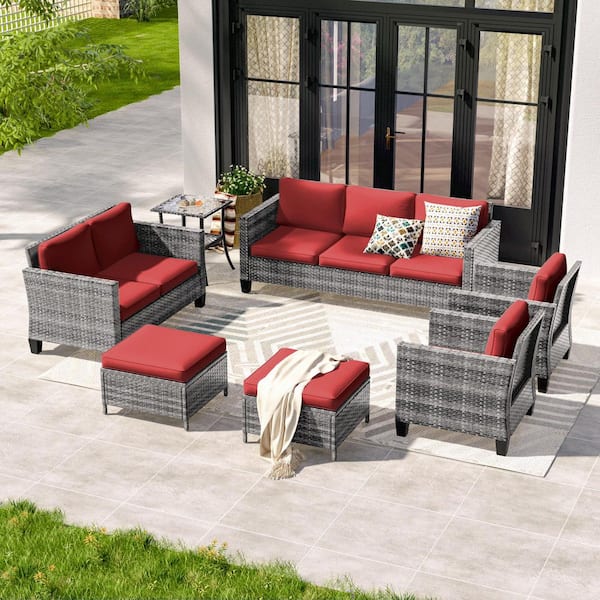 7-Piecess Patio Conversation Set with Glass Tabletop Side Table All-Weather Gray Wicker with Rust Red Cushions
