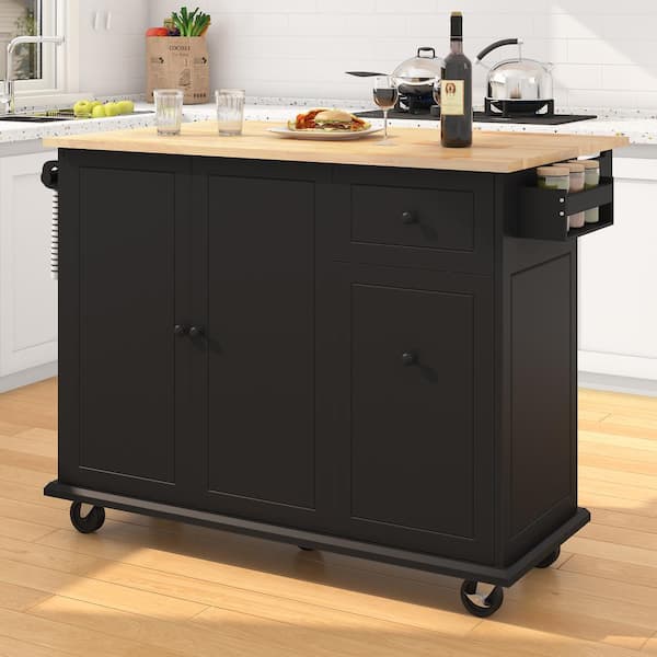 FAMYYT Rolling Black Drop-Leaf Rubberwood Tabletop 54 in. Kitchen ...