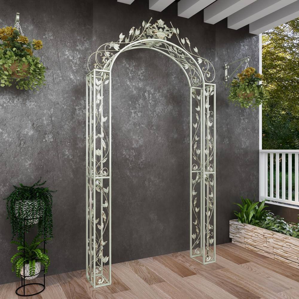Green Wrought Iron Scrollwork Arched Garden Arbor with Bird Sculptures