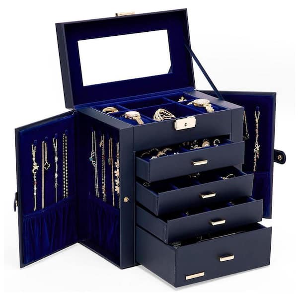 Dark Blue 10.4 in. x 11 in. Polyurethane Modern Jewelry Box with