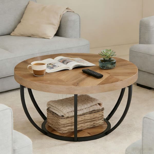 31.7 in. Farmhouse Brown Round Wood Coffee Table with Storage, 2-Tier Small Modern Center Table for Living Room, Office