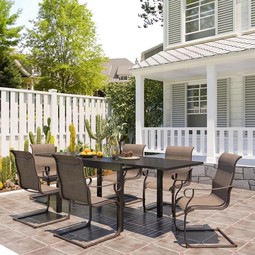 7-Piece Metal Outdoor Dining Set with Aluminum Extendable Table 53"- 106" and C-Spring Chairs