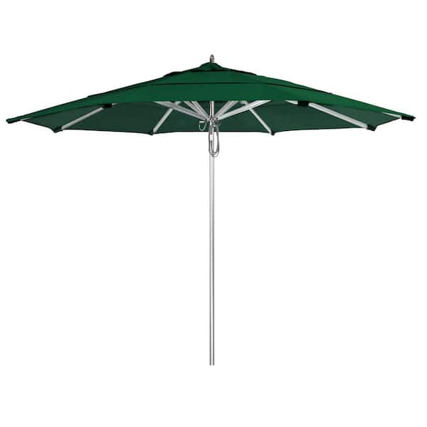 California Umbrella 11 ft. Silver Aluminum Commercial Market Patio Umbrella with Pulley Lift in Forest Green Sunbrella
