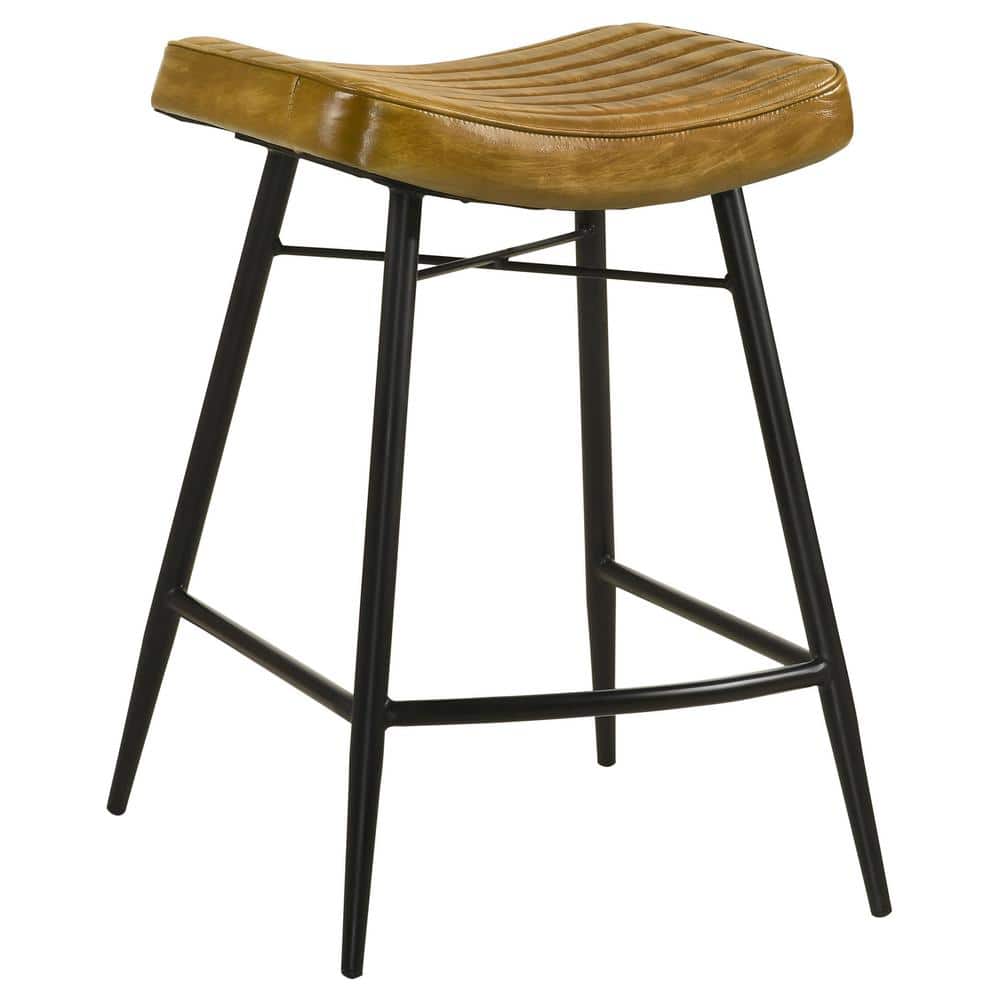 Light Brown Leather and Black Metal Saddle Counter Stool