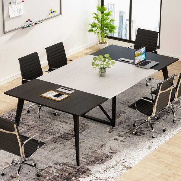 BYBLIGHT Moronia 94.5 in. Conference Writing Table Black and White Meeting Table, Seminar Training Desk with Grommet Holes