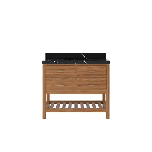 Willow Collections Parker Teak 42 in. W x 22 in. D x 36 in. H Single Sink Bath Vanity in Golden Teak with 2 in. Calacatta Black Top