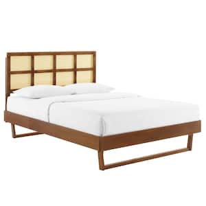 Sidney Walnut Cane and Wood King Platform Bed with Angular Legs
