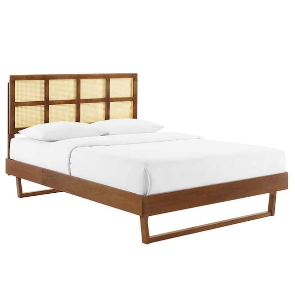 MODWAY Sidney Walnut Cane and Wood King Platform Bed with Angular Legs