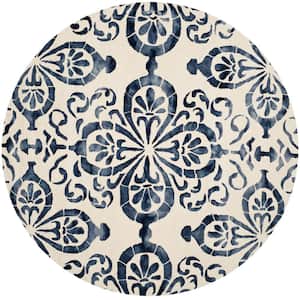 Dip Dye Ivory/Navy 7 ft. x 7 ft. Round Floral Medallion Gradient Area Rug