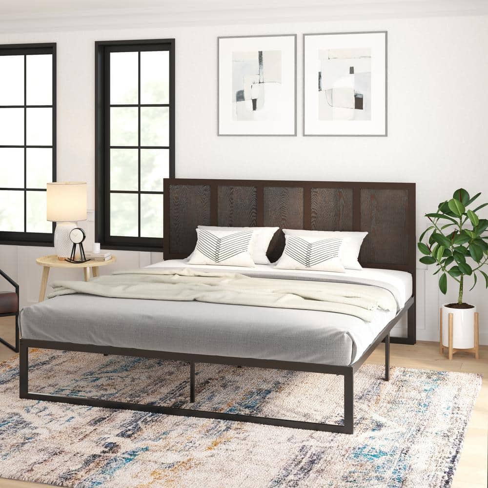 King Dark Brown Solid Wood and Metal Paneled Headboard