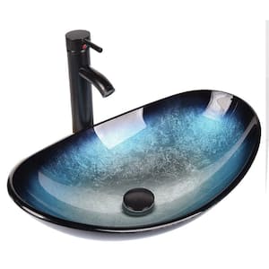 Boat Shape Blue Glass Vessel Sink with Faucet in Black included Pop-up Drain