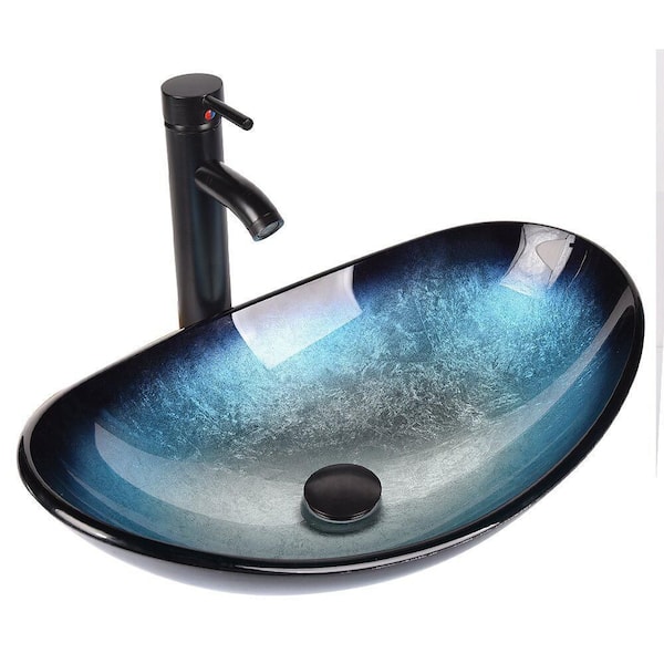 Puluomis Boat Shape Blue Glass Vessel Sink with Faucet in Black included Pop-up Drain