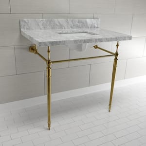 Edwardian Marble White Console Sink Basin and Leg Combo in Brushed Brass