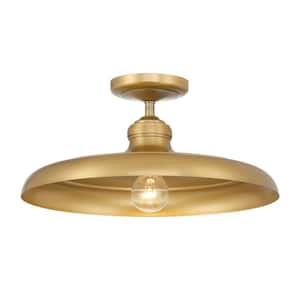 Crowne 16 in. 1-Light Legacy Brass Vintage Semi-Flush Mount with Round Metal Shade, No Bulb Included