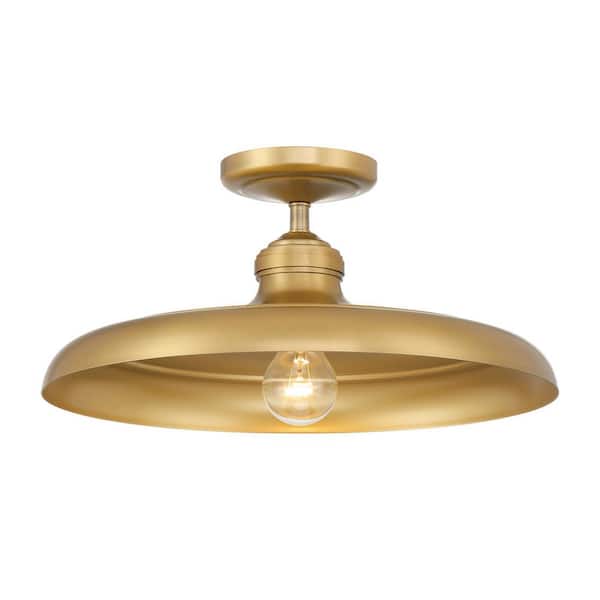 Crowne 16 in. 1-Light Legacy Brass Vintage Semi-Flush Mount with Round Metal Shade, No Bulb Included