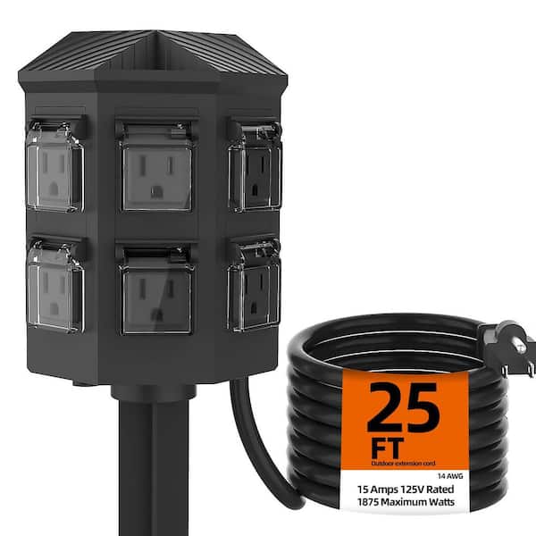 25ft 14/3 Heavy Duty Extension Cord with 6 Outlets, 15A/1875W, Weatherproof, Outdoor, Braided, with Stake, ETL Listed
