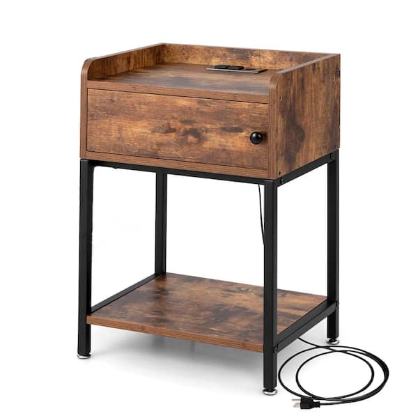 Rustic Brown Nightstand W/Charging Station Sofa Side Table Storage Cabinet Shelf End Table