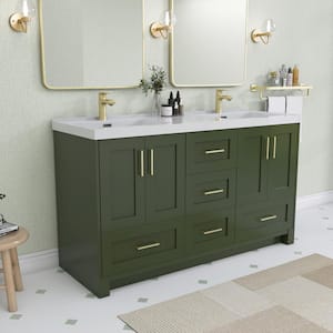 60 in.W x 22 in.D x 35 in.H Freestanding Double Sinks Bath Vanity in Green with White Solid Surface Resin Vanity Top